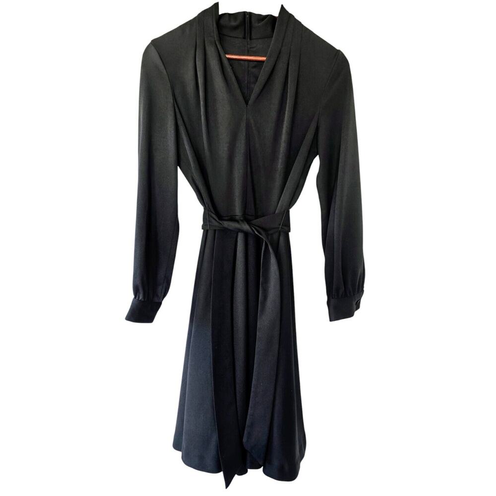 Vintage 60's 70s Black Belted A-line Midi Mid Century Office Dress Size Small 6